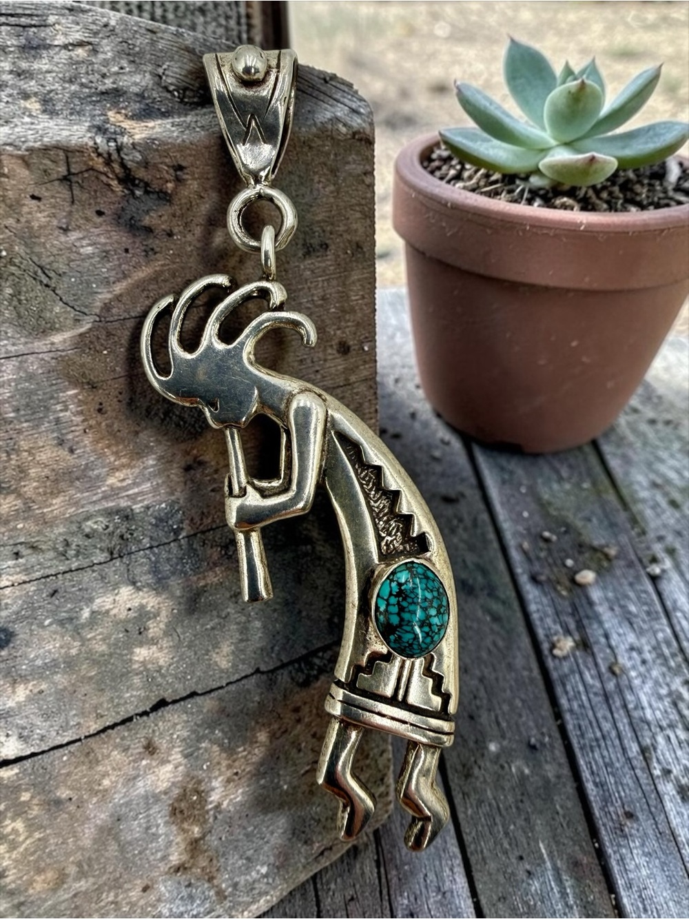 Oversized Liberty Sterling Silver Kokopelli Signed Turquoise EE Pendant 3” 25gr